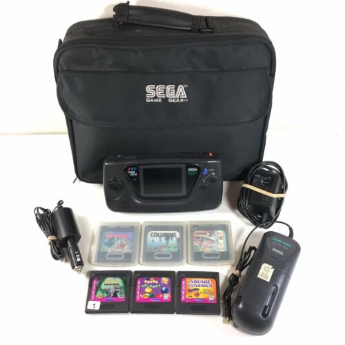Sega Game Gear + 7 Games Bag Charger Works Dim Screen No Sound *Read Description