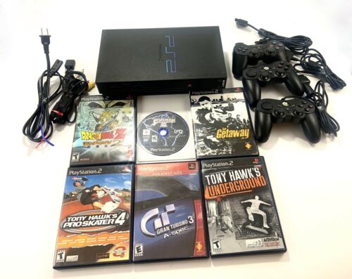 Sony Playstation 2 Fat Black Console 3 Controllers& Cables - PS2 Bundle 6 games