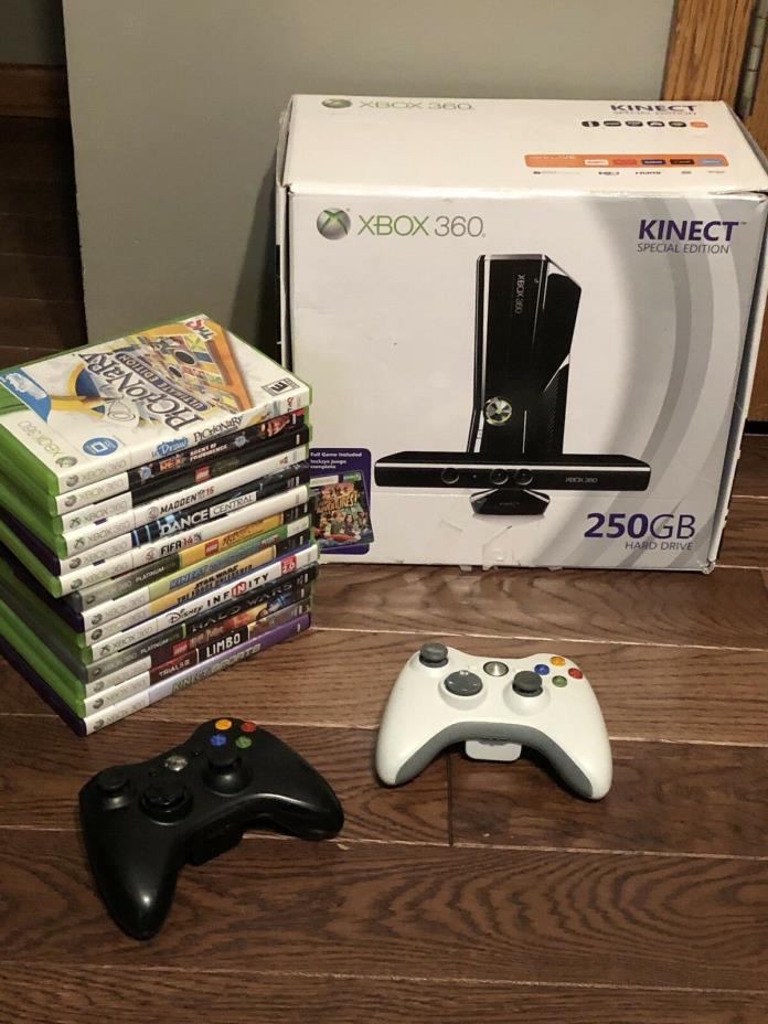 XBOX 360 Kinect Special Edition 250GB Hard Drive, 3 Controllers, 14 Games WORKS!