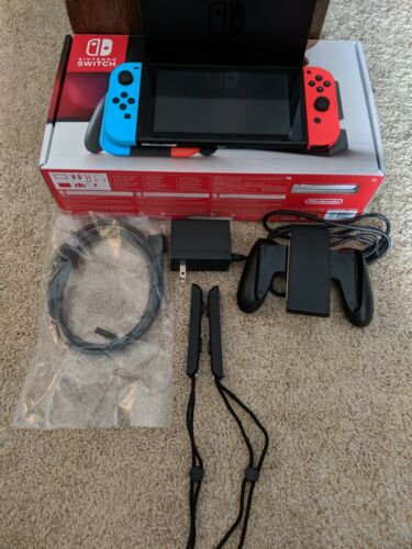 Nintendo Switch 32GB Gray Console Red and Neon Blue Joy-Con Barley Used WARRANTY