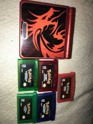 Nintendo Gameboy Advance SP AGS-001 Red W Dragon Decal- INCLUDES Pokémon Games