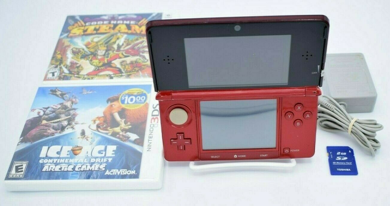 Nintendo 3DS Red CTR-001 w/ 2GB SD Card, 2 Games, Stylus & Charger - EXCELLENT