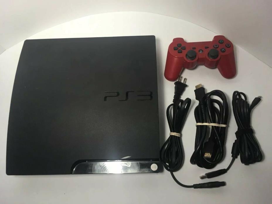 Sony PlayStation 3 120gb Slim Video Game Console + Red Controller + All Wires