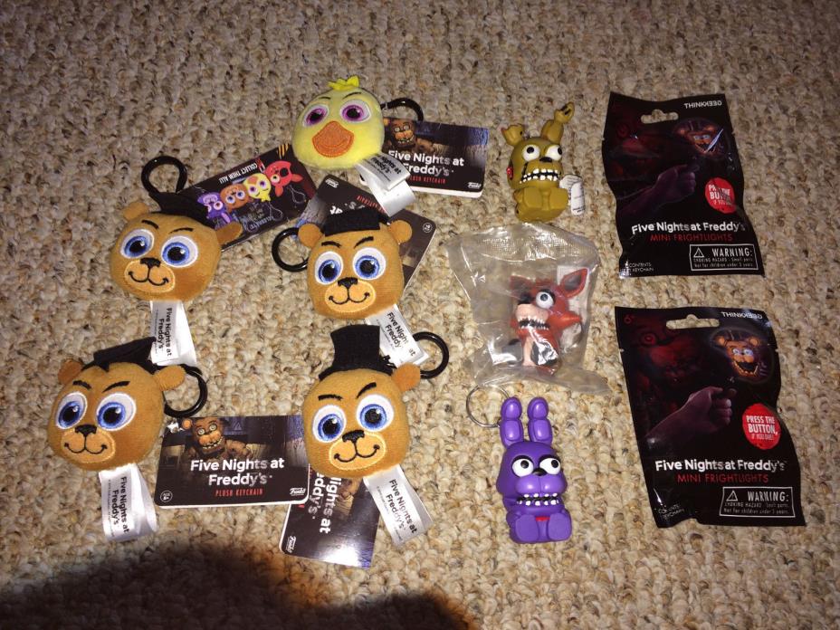 FNaF - Plush Key chains 5x, Eye Pop Keychains 3x + 2x Fright Lights SEALED