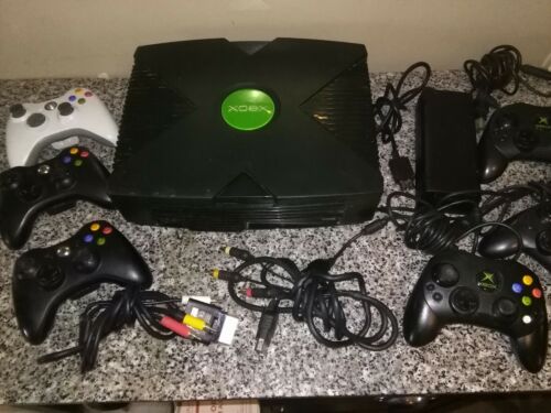 As Is Microsoft Xbox Original Black with cords and 6 AS IS Controllers