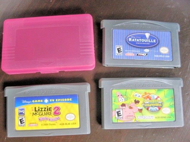 Nintendo Gameboy Advance Lot: Game Cartridges(Ratatouille-Spongebob-Lizzy)+Case