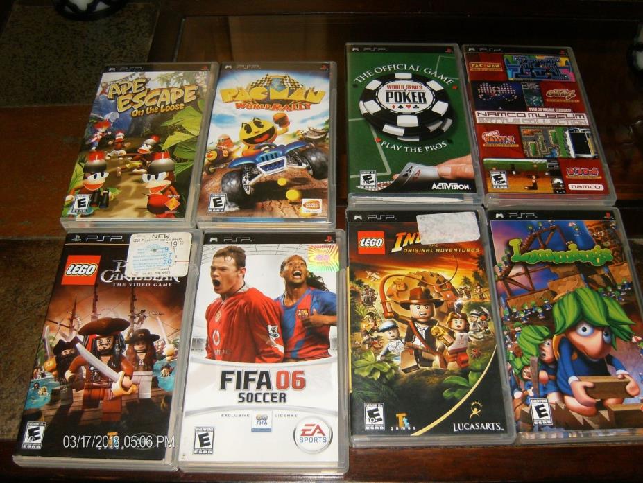 Lot of 8 used Sony PSP games, tested & works Pac Man, Lego, Poker, Soccer, fun E