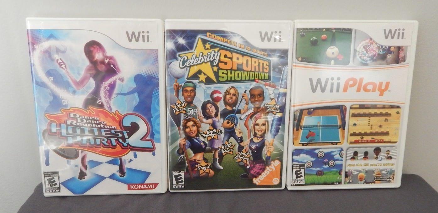 Lot of 3 Wii Games Wii Play, Celeb Sports Showdown, DDR Hottest Party 2 Complete