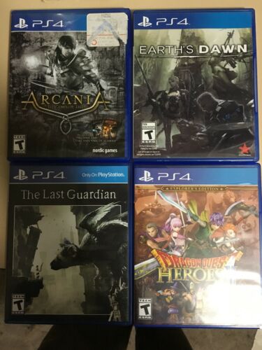 Lot of 4 PS4 Rpgs&Adventure Games(Last Guardian,DQ Heroes 2,Earths Dawn,arcania)