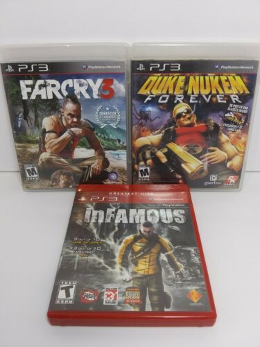 Lot of 3 PS3 games FARCRY 3 infamous DUKE NUKEM FOREVER with poster & 3D glasses