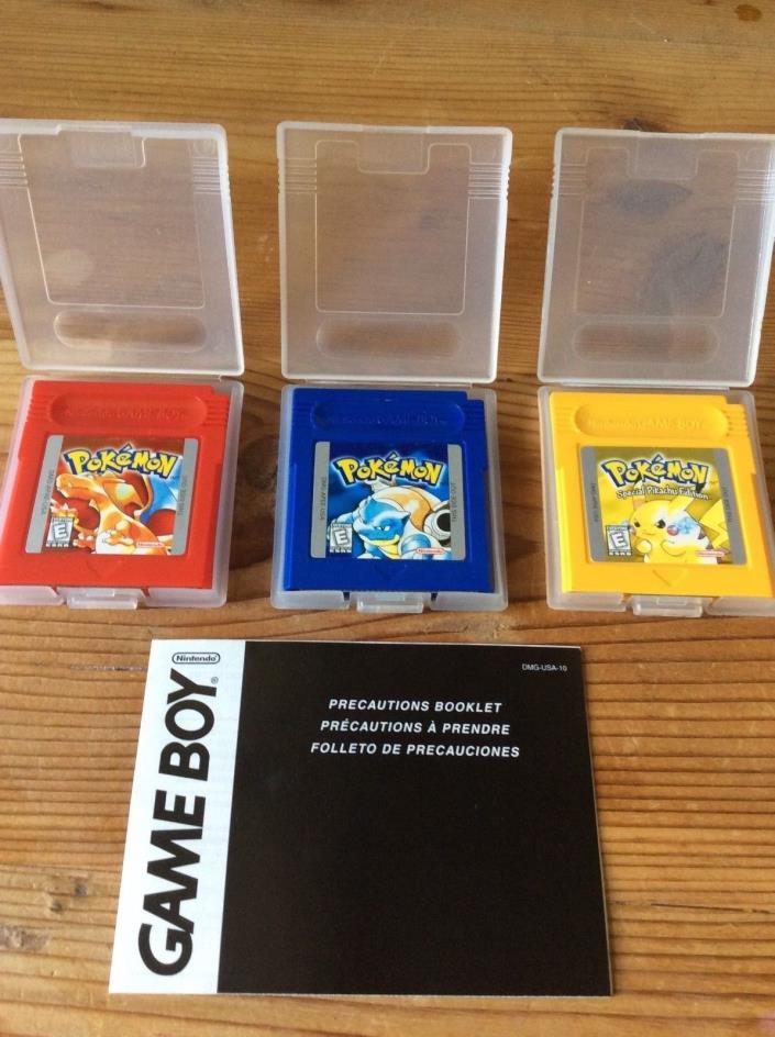 Pokemon Yellow, Blue & Red w/ Dust Covers - Nintendo Gameboy-Authentic