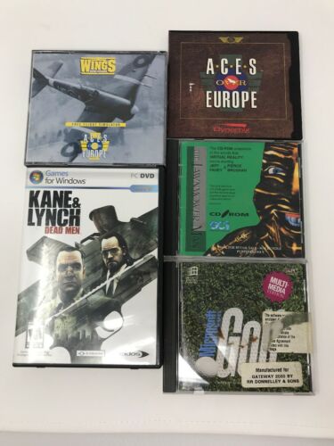5 Assorted Vintage Computer Games Wings Over Europe Golf Kane & Lynch Lawnmower