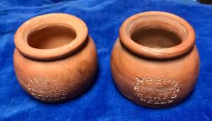 (2) Antique NECCO Boston Baked Beans Redware Mini Crocks (SOUDERTON)