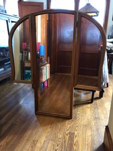 Vintage tri-fold, 3 panel large wall mirror with wood frame (Providence