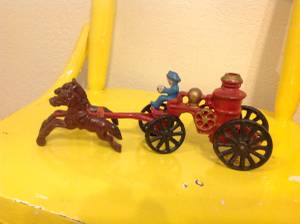 Vintage Horse Drawn Fire Truck Wagon, Cast-iron (East side)