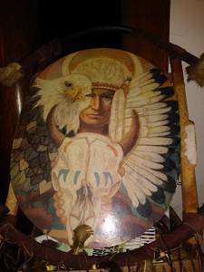 Native American hanging wall Art piece craftwork w man icon & skull (Downtown