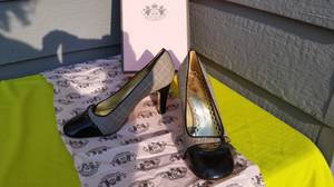 Designer JUICY COUTURE Plaid Black Patent Leather Heels Size 8.5 (North Tacoma)