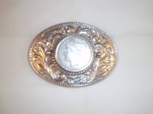 Nickel Plated belt buckle w / 1887 Morgan Silver Dollar (chillicothe)