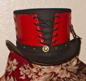 Steampunk Hatter Vested Red and Black Leather Hat