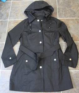 BRAND NEW LONDON FOG Womens Trench Coat Detachable Hood Black Sz L (Lombard)