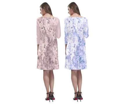 Light Pink or Blue Rose Floral Pattern Three Quarter Sleeve Sheath Dress