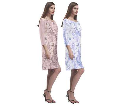 Light Pink or Blue Rose Floral Pattern Three Quarter Sleeve Sheath Dress