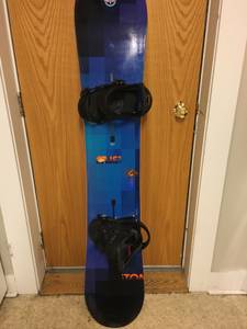Snowboard, bindings, boots, helmet