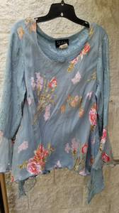 Blue steel color shirt & skirt with coral flowers (~2X) (Eastside Tucson)