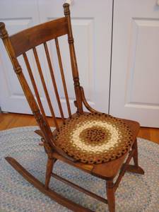 REDUCED: Vintage Wooden Rocking Chair With Round Braided Pad