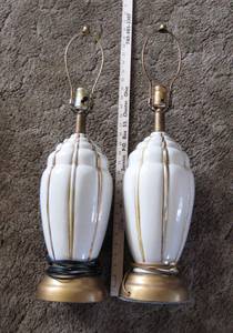 Pair of White Ceramic Lamps with gold strip lines