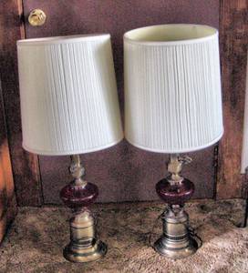 Pair of Lamps Gold color with red glass & shades