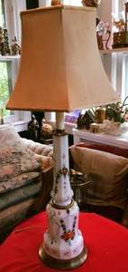 Hand-painted milk glass LAMPS with harps, shades & finials (Upper Darby, PA