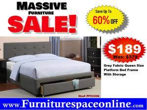 Grey Fabric Queen Size Platform Bed Frame With Storage-FREE DELIVERY