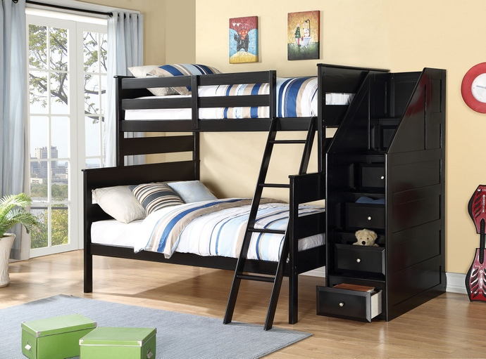 Alvis collection black finish wood twin over full bunk bed set with reversible