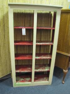 Primitive Painted Bookshelf with Red Shelves and White Exterior (Zanesville)
