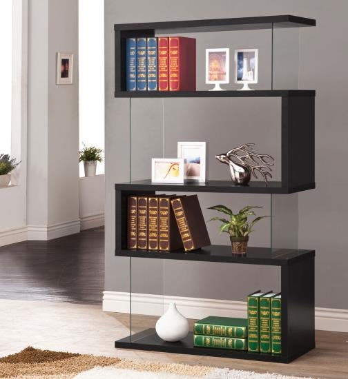 Black finish wood and glass 4 tier bookshelf with alternating glass and wood