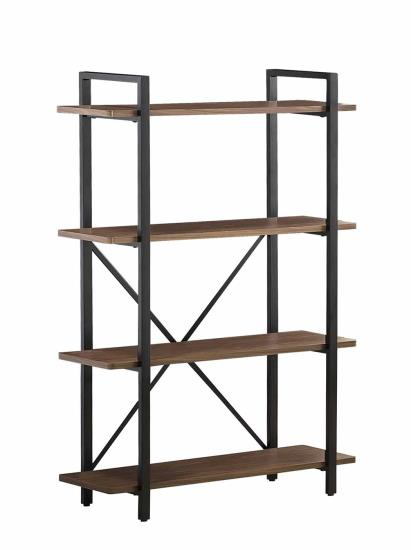 Light brown finish 4 tier metal and wood bookshelf with black metal frame