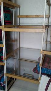 Glass/wood adjustable shelves. (Turquoise Shop, Cloudcroft)