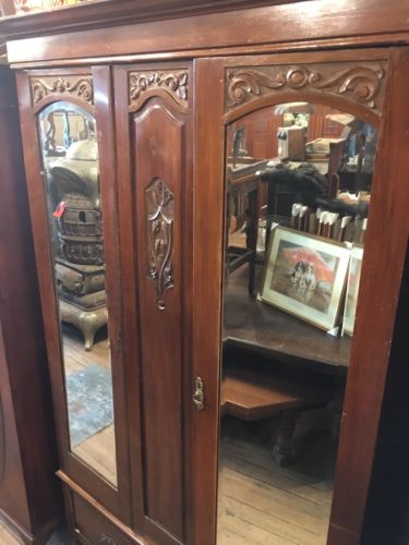 Antique English Carved Walnut Armoire Wardrobe 1890s Double