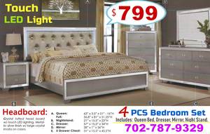 QUEEN BEDROOM 4-Pcs SET Metallic Silver Touch LED Light Dresser Night (50%