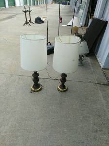 2 brown and gold vintage lamps with large white lamp shades