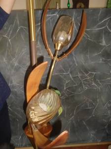 Mid-Century Tension Pole Lamp: Amber Glass/Teak Wood - 7 foot ceiling (Worth)