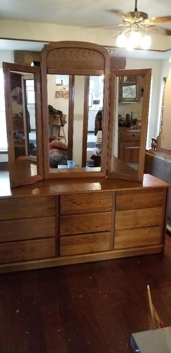 solid oak triple dresser and mirror