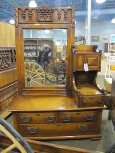 Highly Carved Antique Dresser with Hat Box Side & Beveled Glass Mirror