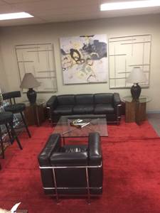 Vintage Modern Cassina Black Leather Chrome Chair, Couch and Ottoman (Hanover)