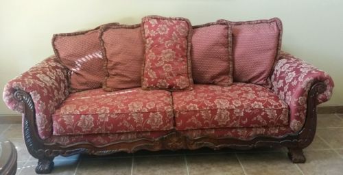 Formal Red Gold Flower Pattern Couch Set Wing Back Chairs
