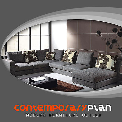 Modern Grey Fabric Sectional Sofa w Chaise and Pillows