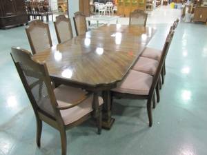 Large Dining Table with Two Leaves and Eight Chairs by Stanley (Zanesville)
