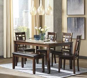 NEW 6 pc. DINING SET TABLE 4 PADDED CHAIRS AND PADDED BENCH (50% TO 75% OFF