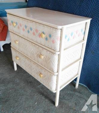 1950s WHITE/PINK/BLUE WICKER 3-DRAWER BABY CHANGING TABLE DRESSER